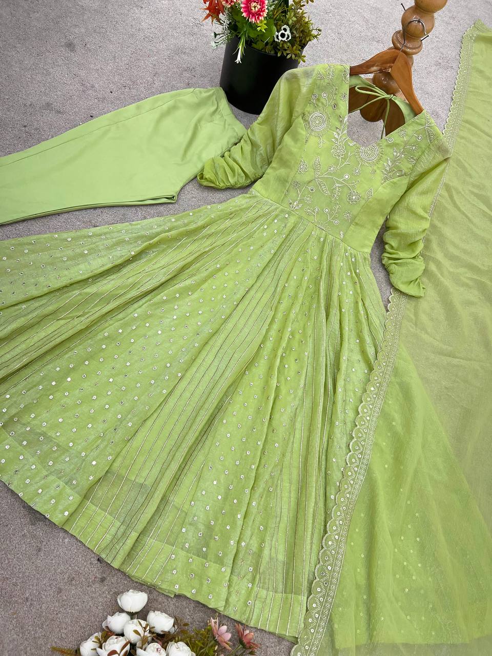Pistachio Green Designer Crunchy Silk Anarkali Gown and Dupatta