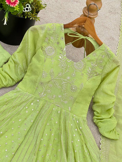 Pistachio Green Designer Crunchy Silk Anarkali Gown and Dupatta