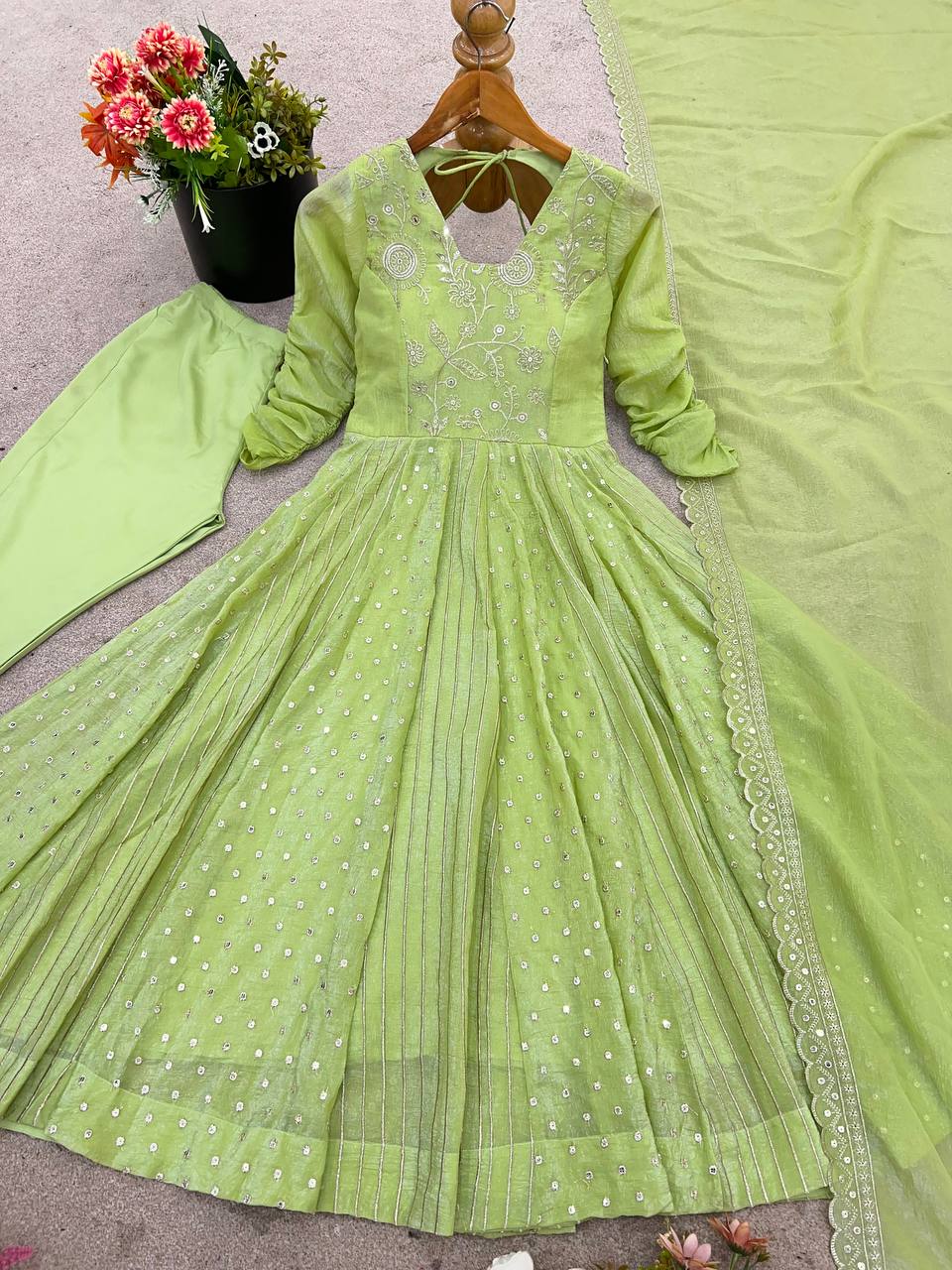 Pistachio Green Designer Crunchy Silk Anarkali Gown and Dupatta