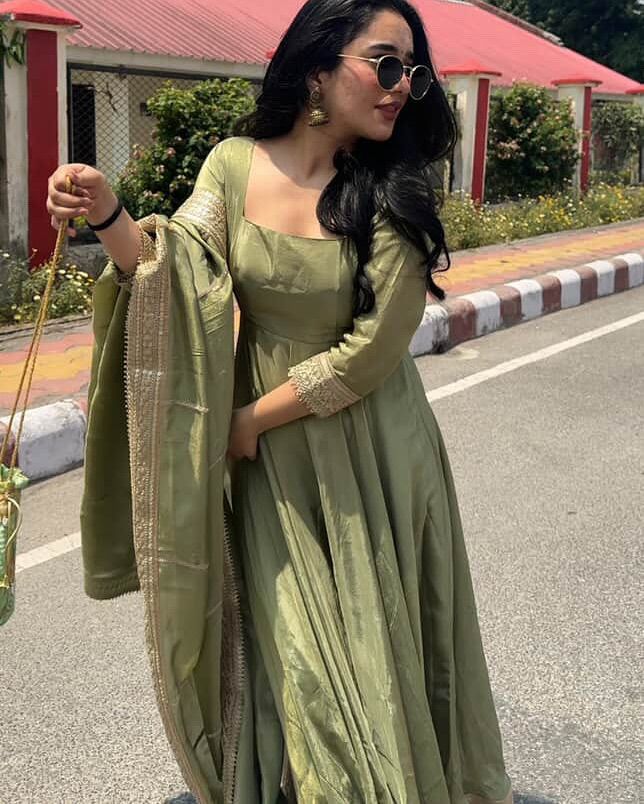 Pistachio Green Designer Fendy Silk Sequins & Thread Work Gown Set