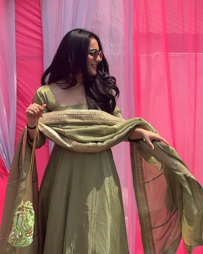 Pistachio Green Designer Fendy Silk Sequins & Thread Work Gown Set