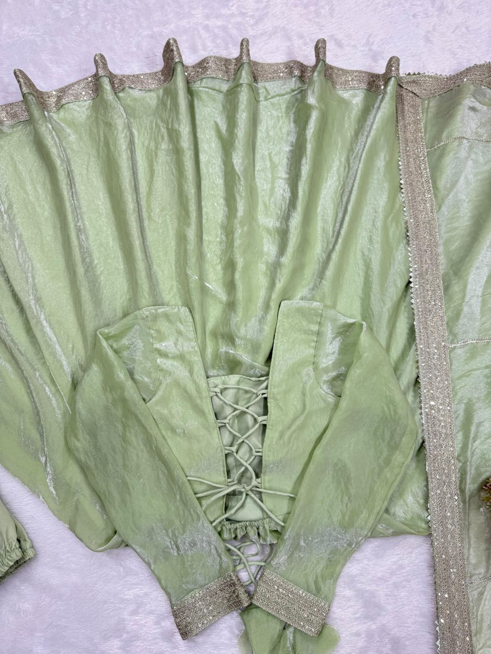 Pistachio Green Designer Fendy Silk Sequins & Thread Work Gown Set