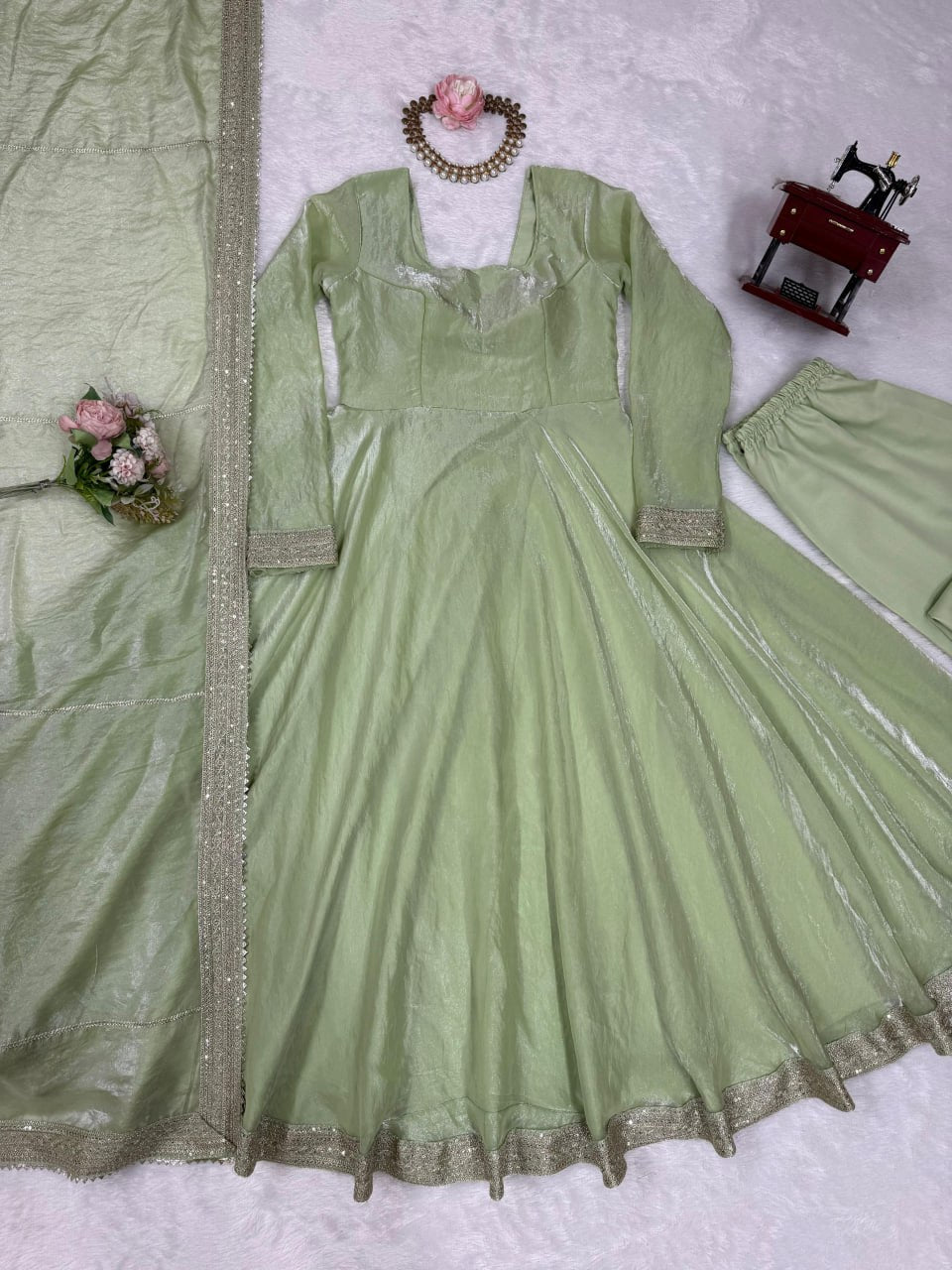 Pistachio Green Designer Fendy Silk Sequins & Thread Work Gown Set