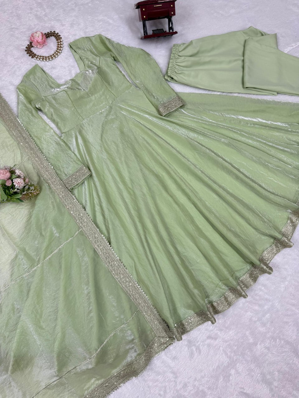 Pistachio Green Designer Fendy Silk Sequins & Thread Work Gown Set