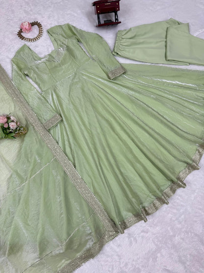Pistachio Green Designer Fendy Silk Sequins & Thread Work Gown Set