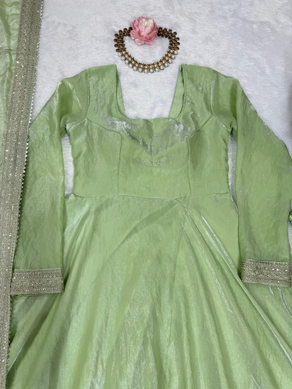 Pistachio Green Designer Fendy Silk Sequins & Thread Work Gown Set
