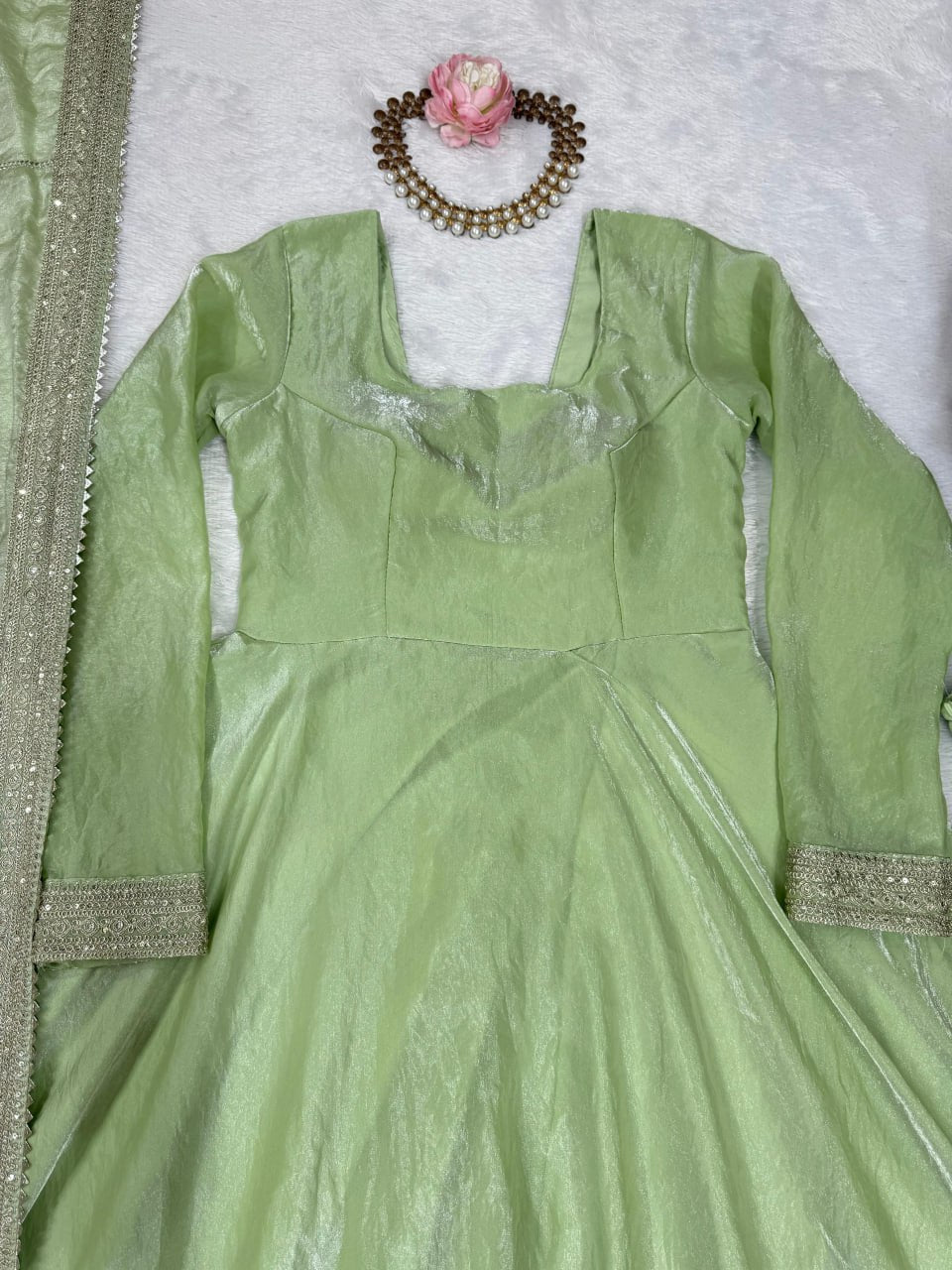 Pistachio Green Designer Fendy Silk Sequins & Thread Work Gown Set