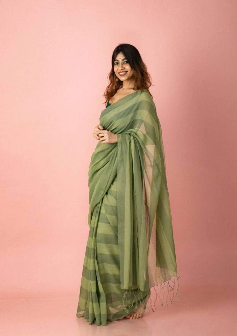 Pistachio Green Mulmul Lightweight Cotton Digital Print Summer Saree