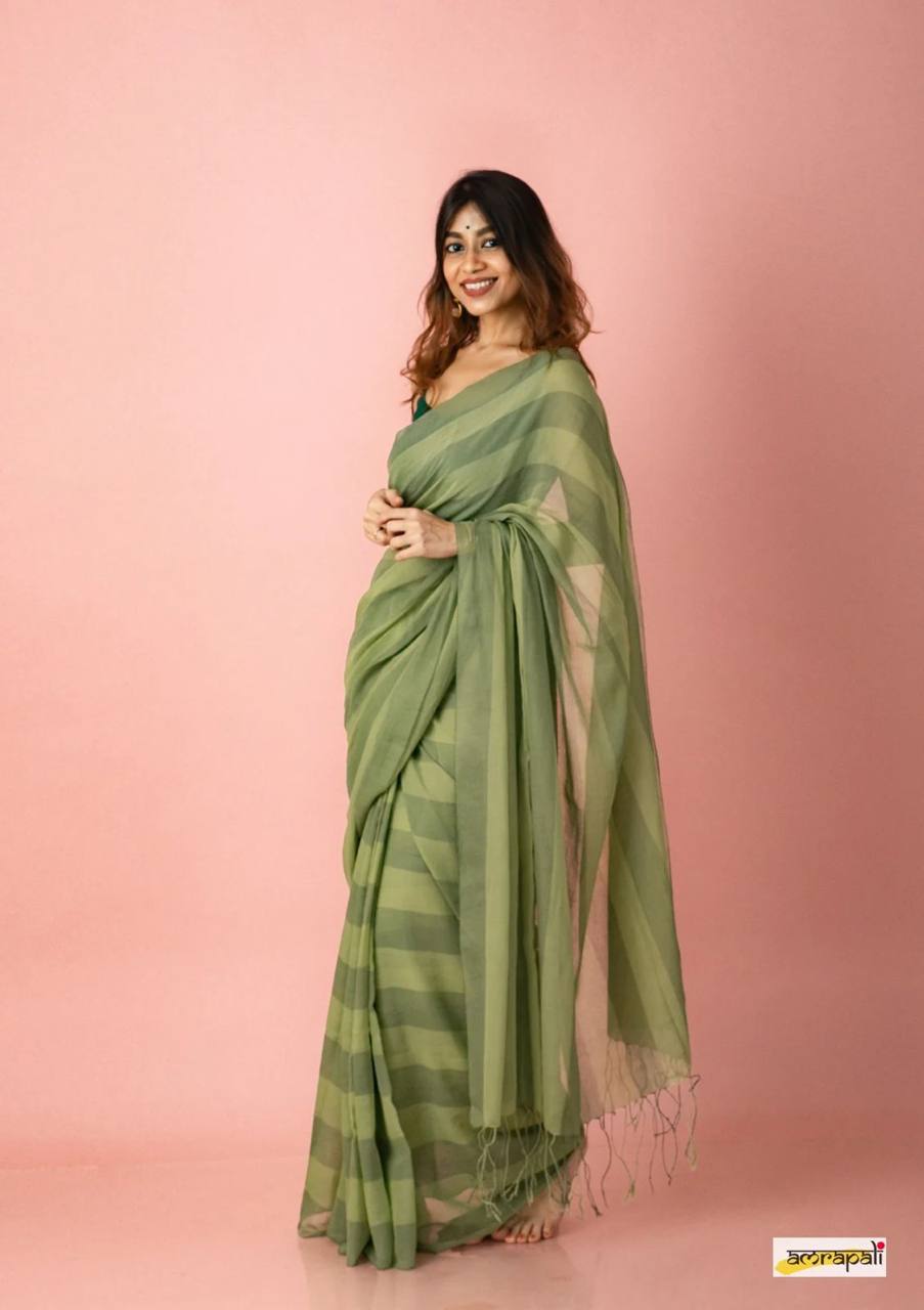 Pistachio Green Mulmul Lightweight Cotton Digital Print Summer Saree
