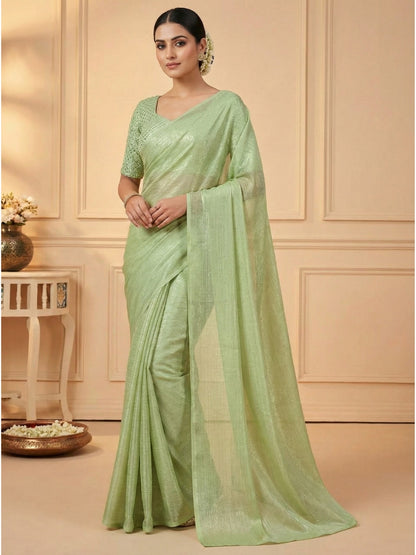 Pistachio Green Rasmalai Silk Saree with Contrast Net Embroidered Blouse