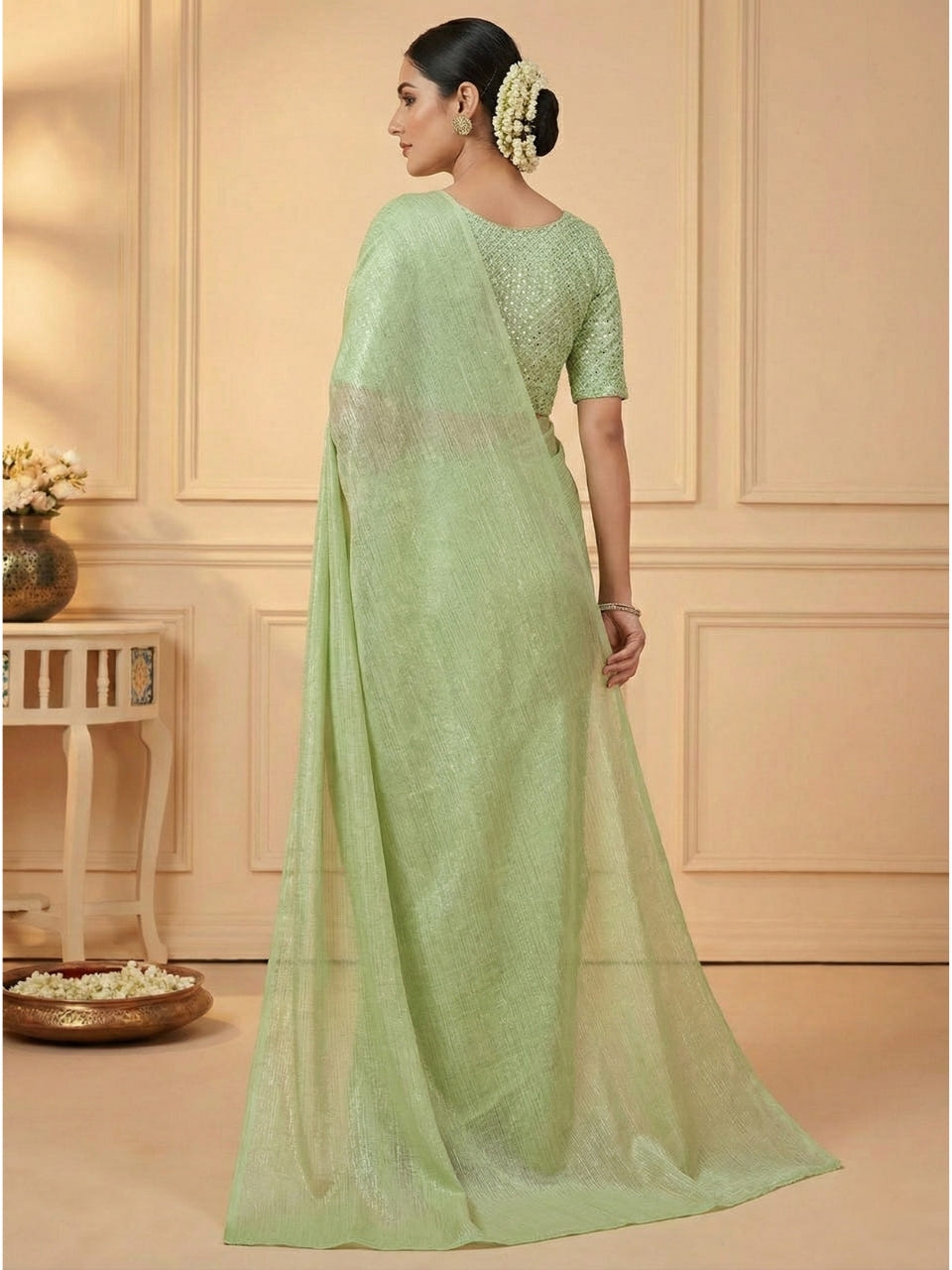 Pistachio Green Rasmalai Silk Saree with Contrast Net Embroidered Blouse