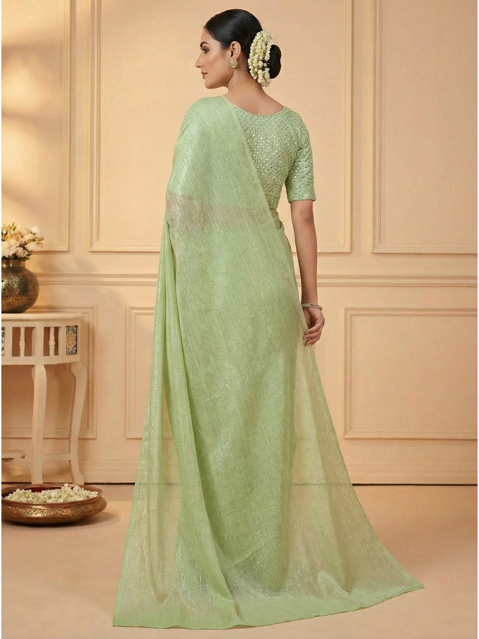 Pistachio Green Rasmalai Silk Saree with Contrast Net Embroidered Blouse