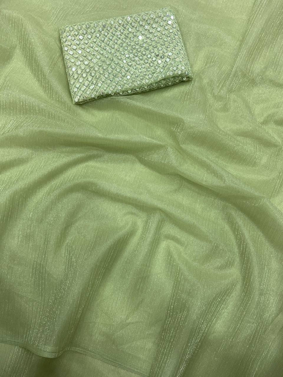 Pistachio Green Rasmalai Silk Saree with Contrast Net Embroidered Blouse