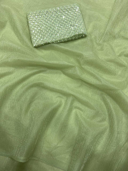 Pistachio Green Rasmalai Silk Saree with Contrast Net Embroidered Blouse