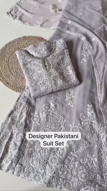 Smokey Grey Georgette Suit Set with Cream Thread Embroidery and Net Dupatta