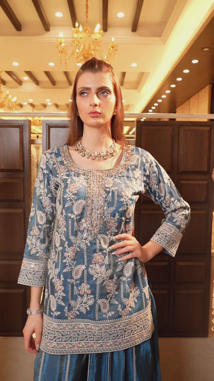 Teal Color Sharara Suit in Chinon With Sequence Embroidery Sharara Suit