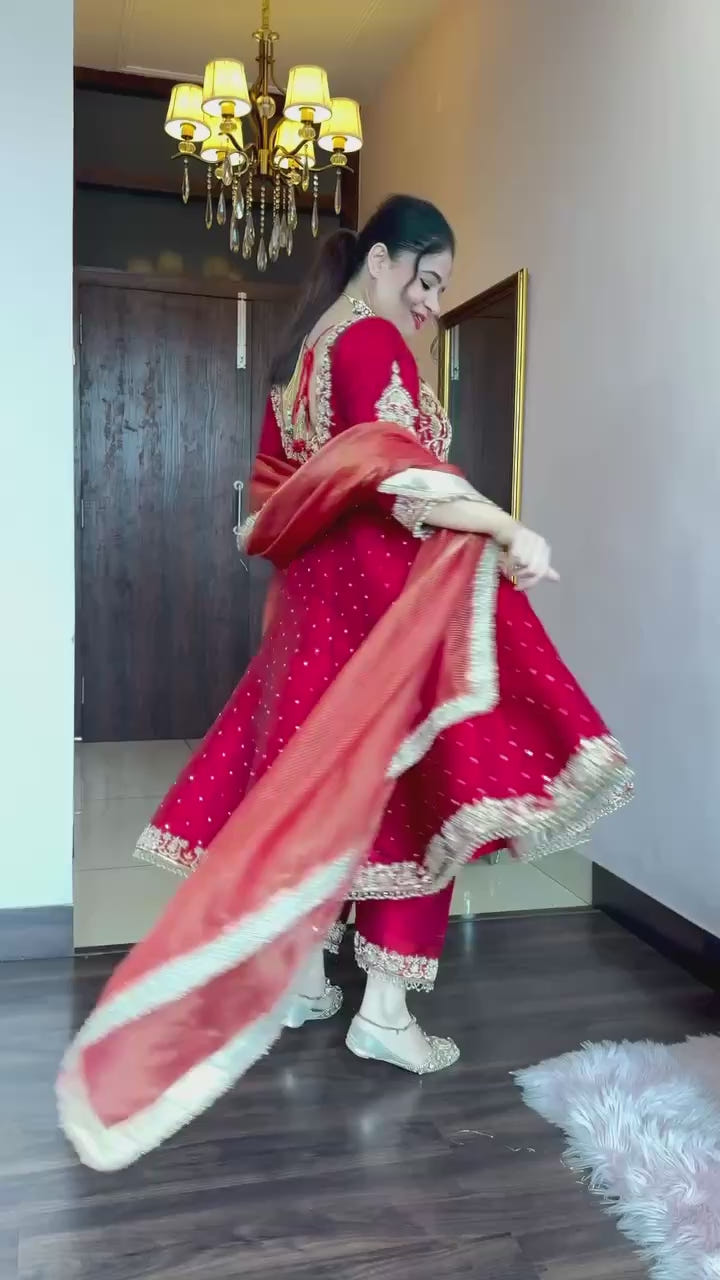 Ruby Red Anarkali Suit Set with Heavy Golden Zari Embroidery and Tissue Dupatta