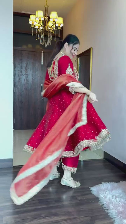Ruby Red Anarkali Suit Set with Heavy Golden Zari Embroidery and Tissue Dupatta