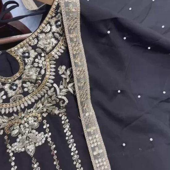 Black Designer Chinon Silk Plazzo Long Top and Dupatta For Party Wear