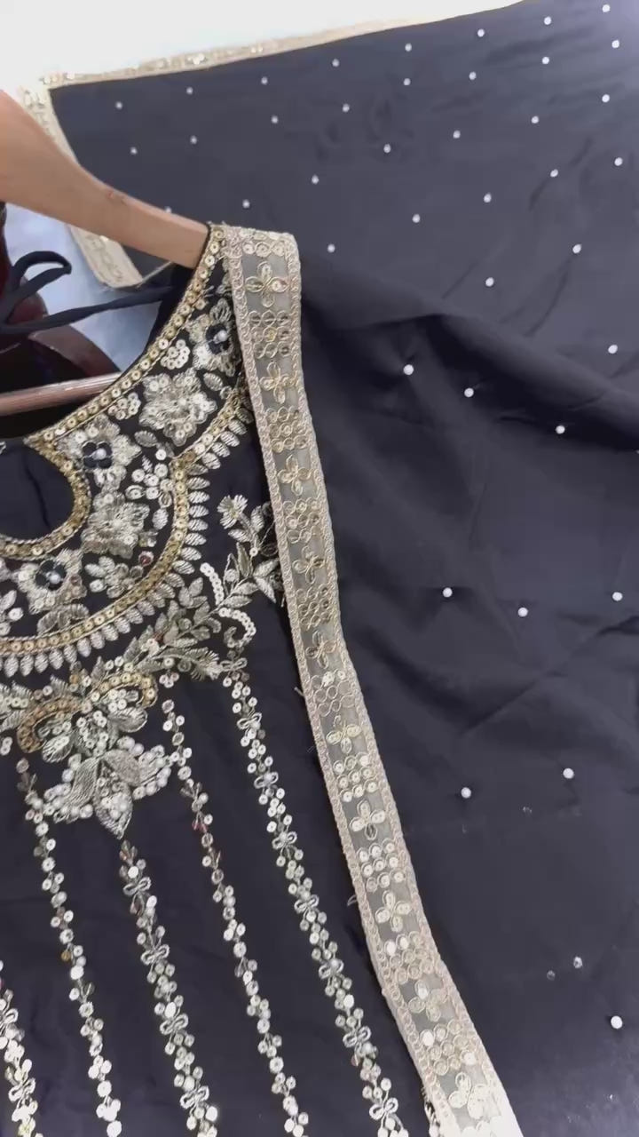 Black Designer Chinon Silk Plazzo Long Top and Dupatta For Party Wear
