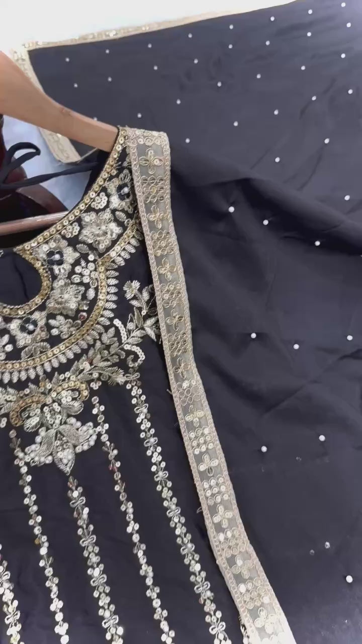Black Designer Chinon Silk Plazzo Long Top and Dupatta For Party Wear