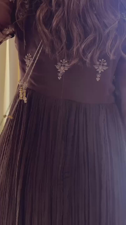 Coffee Brown Georgette Anarkali Gown with Golden Zari Dupatta