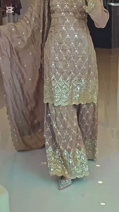 Taupe Embroidered Sharara Suit with Gold Zari and Sequin Detailing