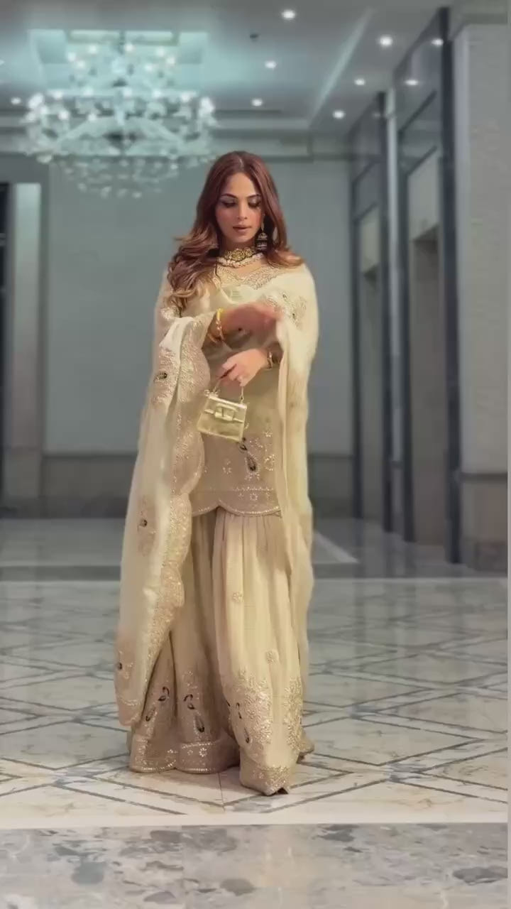 Golden Pearl Embroidered Luxury Sharara Set - Drapes Dress