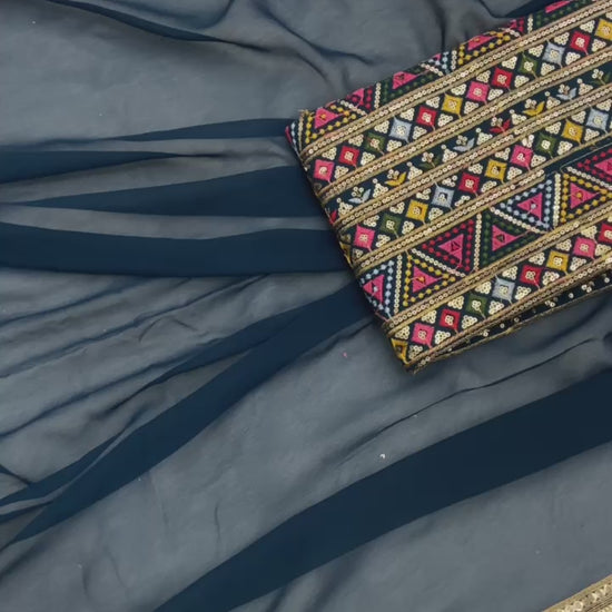 Teal Bule Original Georgette Digital Print Saree with Embroidery Blouse