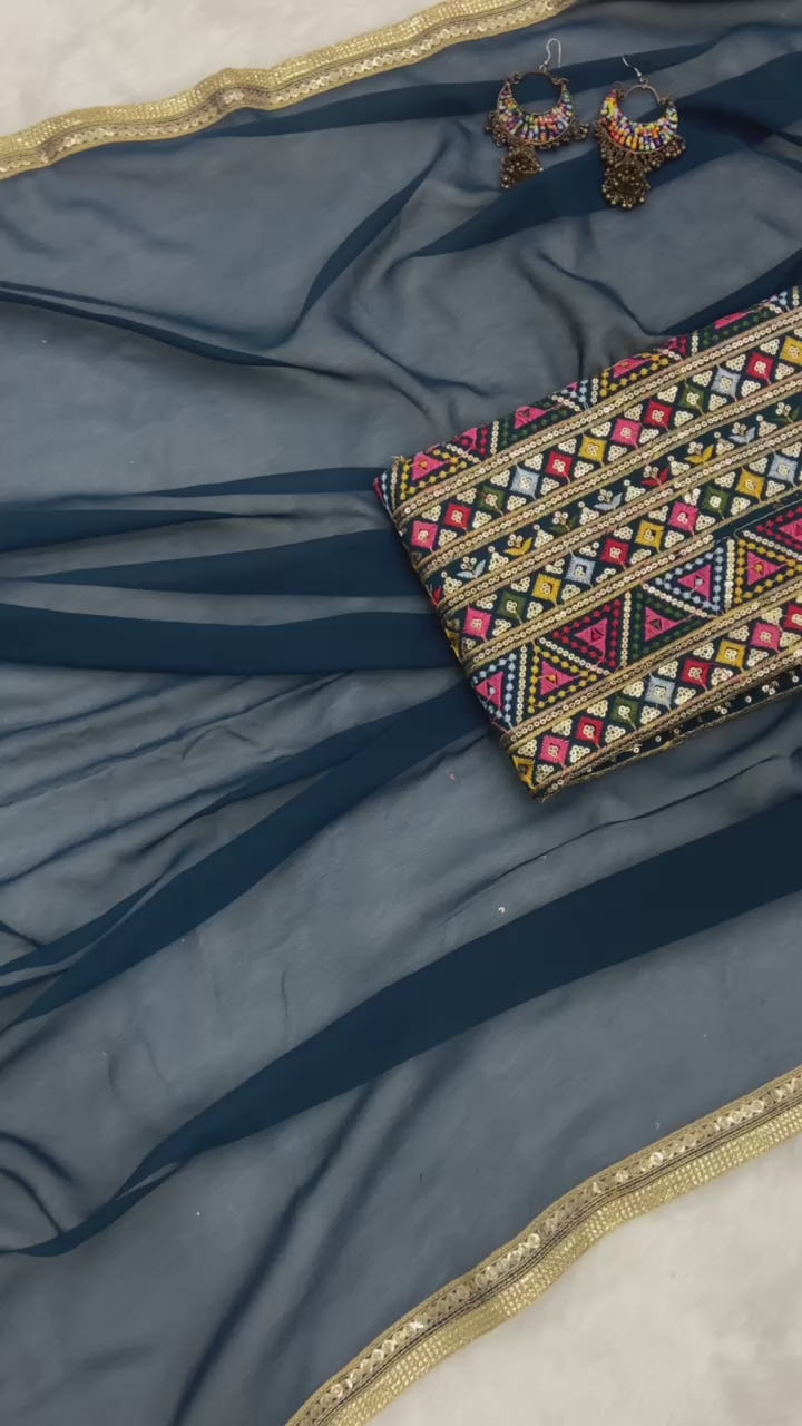 Teal Bule Original Georgette Digital Print Saree with Embroidery Blouse