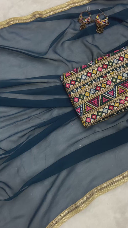 Teal Bule Original Georgette Digital Print Saree with Embroidery Blouse