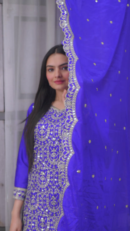 Designer Chinon Sharara Suit with Sequin Embroidery Drape Dress