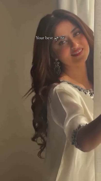 White Embroidered Palazzo Suit with Black Threadwork and Black Net Dupatta