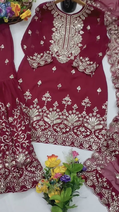 Designer Georgette Sequin-Embroidered Sharara Suit | Party Wear Drape Dress