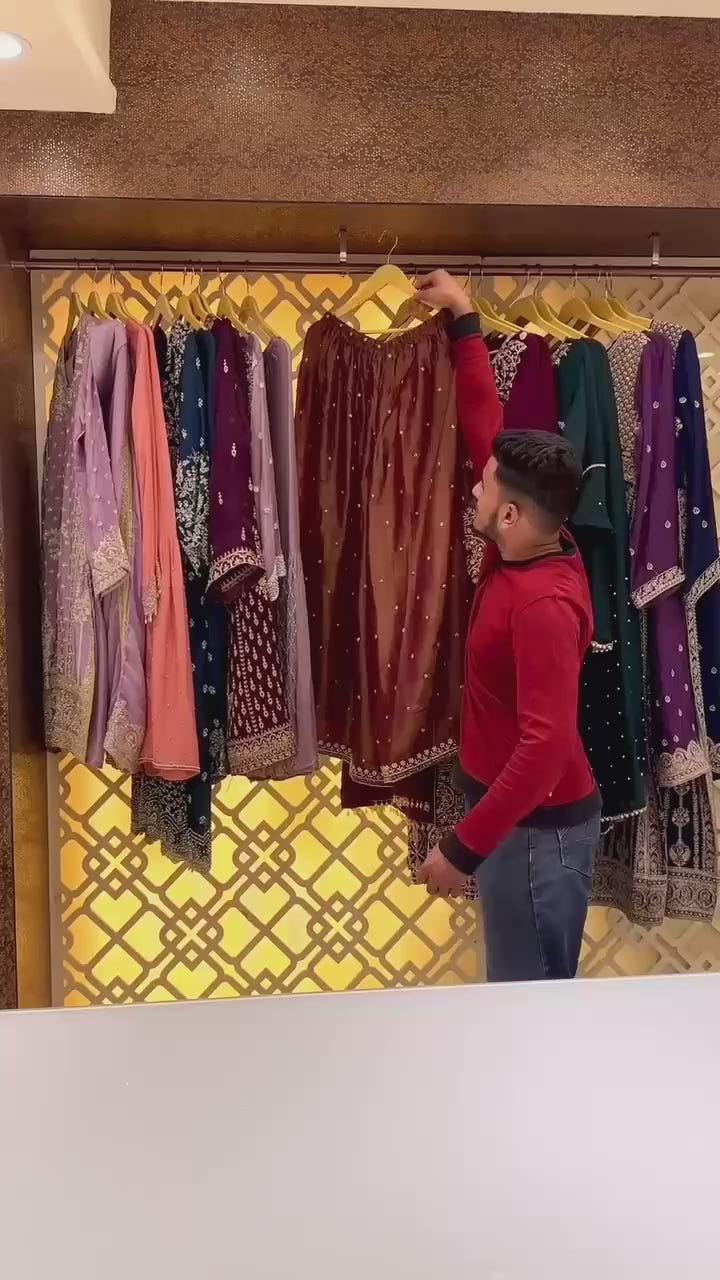 Rust Orange Embroidered Straight-Cut Suit with Sharara & Heavy Zari Work