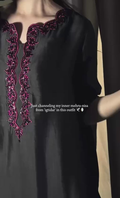 Black Embroidered Palazzo Suit with Wine Red Threadwork and Chiffon Dupatta