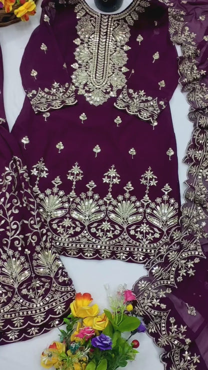 Designer Georgette Sequin-Embroidered Sharara Suit | Party Wear Drape Dress
