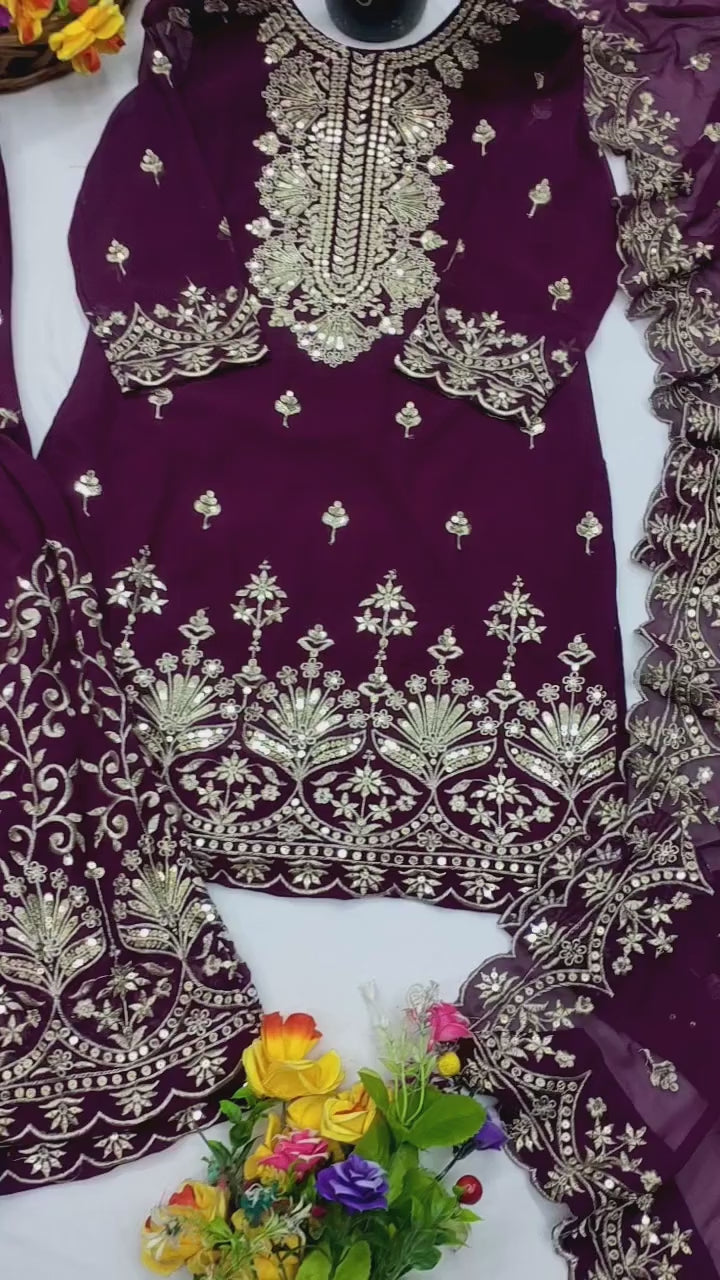Designer Georgette Sequin-Embroidered Sharara Suit | Party Wear Drape Dress