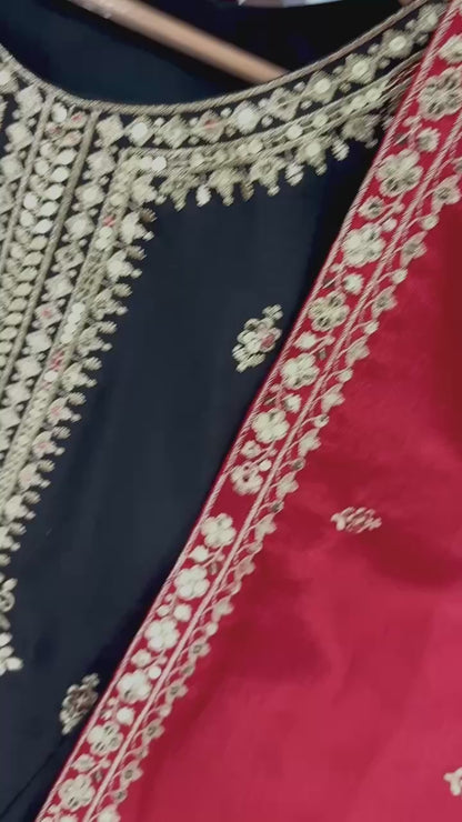 Black Designer Pure Chinon Silk Plazzo Top and Dupatta For Party Wear