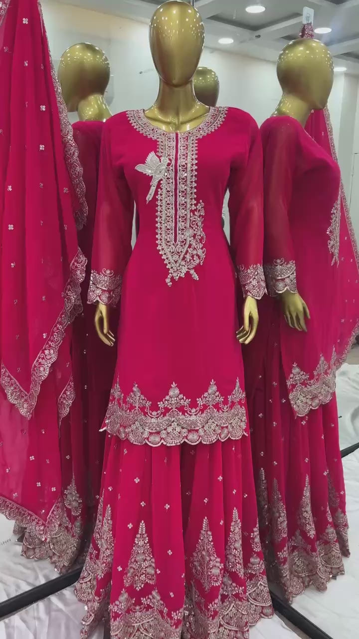 Hot Pink Embroidered Sharara Suit with Heavy Silver Zari Work and Net Dupatta