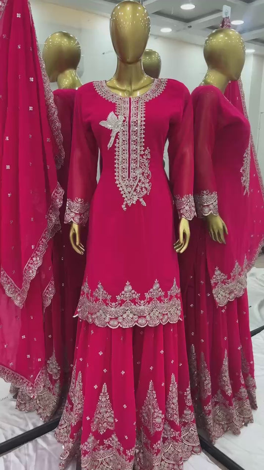 Hot Pink Embroidered Sharara Suit with Heavy Silver Zari Work and Net Dupatta