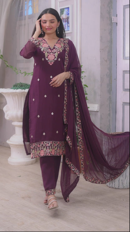 Georgette Resham Thread & Sequin Kurta with Trouser & Dupatta
