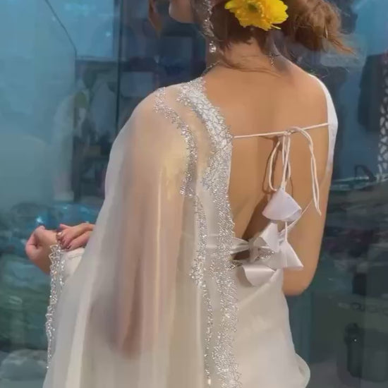 Off White Jimmy Choo Satin Saree with Diamond Border & Banglori Blouse