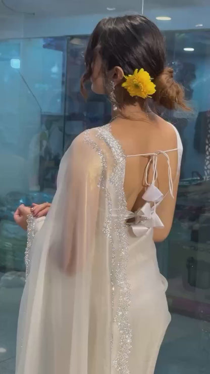 Off White Jimmy Choo Satin Saree with Diamond Border & Banglori Blouse