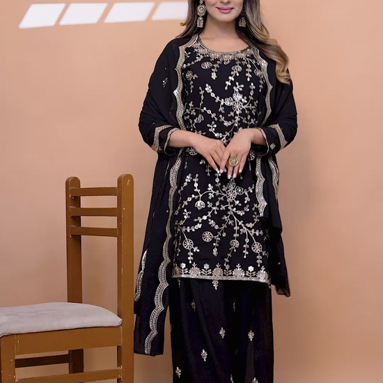 Balck Designer Fox Georgette Embroidered Sharara Suit with Sequins Work 
