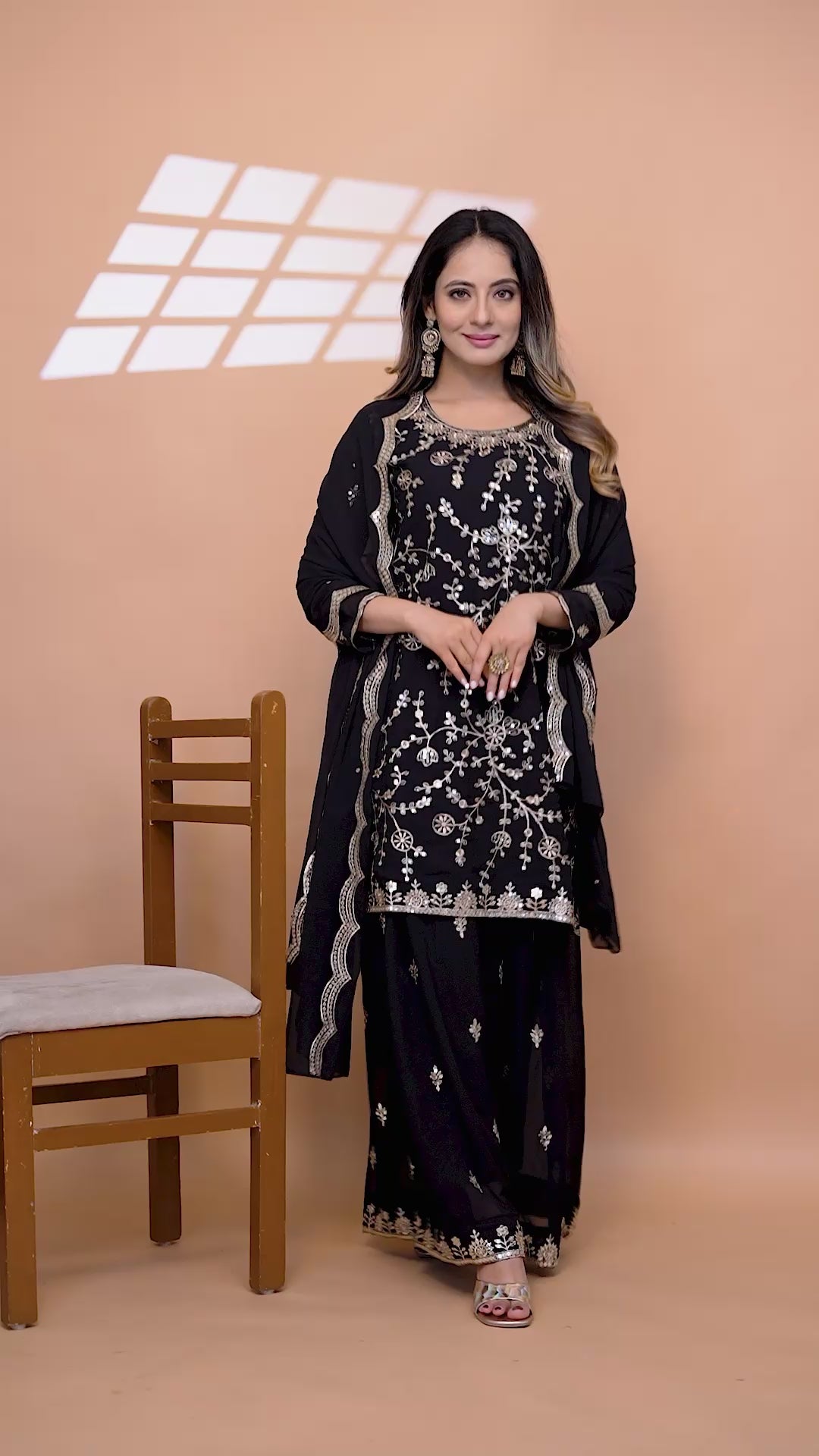 Balck Designer Fox Georgette Embroidered Sharara Suit with Sequins Work 