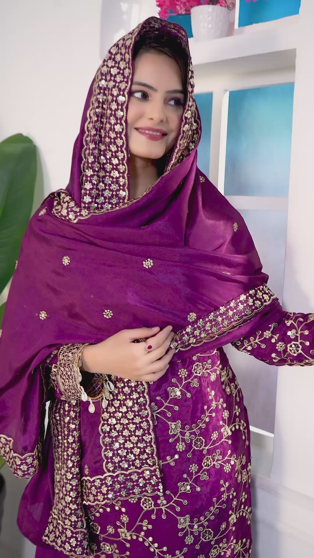 Chinon Sequin Embroidered Sharara Suit – Designer Festive Wear Drape Dress