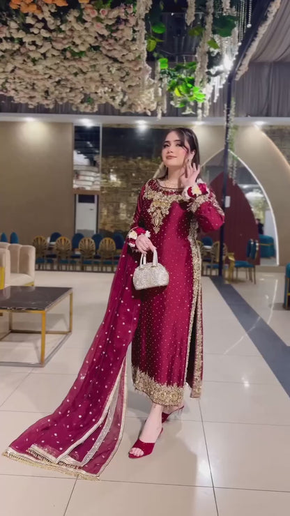Maroon Anarkali Style Embroidered Dress with Golden Zari and Mirror Detailing