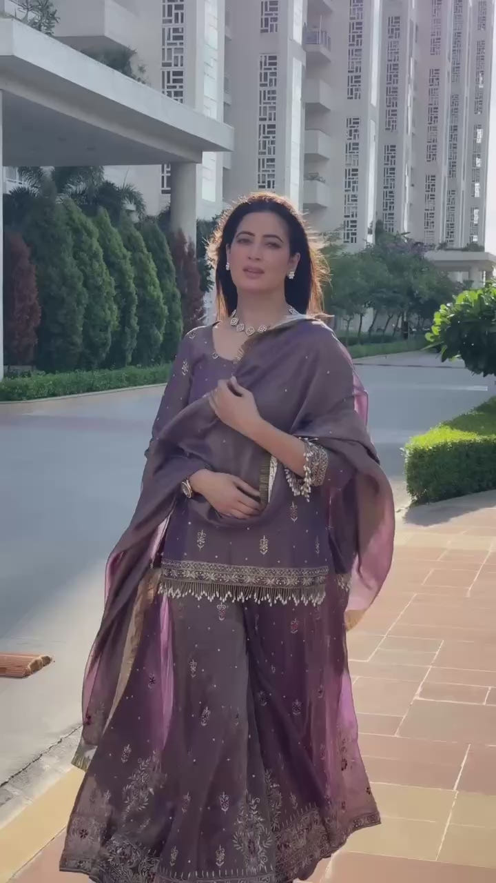Elegant Mauve Zari Embroidered Sharara Suit Set with Dupatta