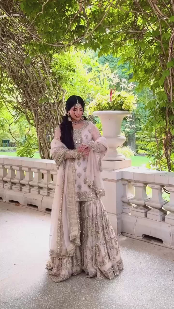 Ivory Gold Hand-Embroidered Bridal Lehenga Set with Sequins and Zari Work